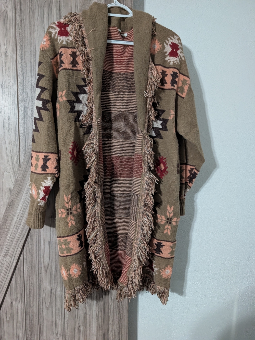 JODIFL Olive Fringe Aztec Knit Cardigan with Rust & Cream Accents